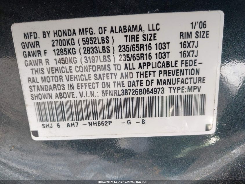 2006 Honda Odyssey Ex-L VIN: 5FNRL38726B064973 Lot: 43967914