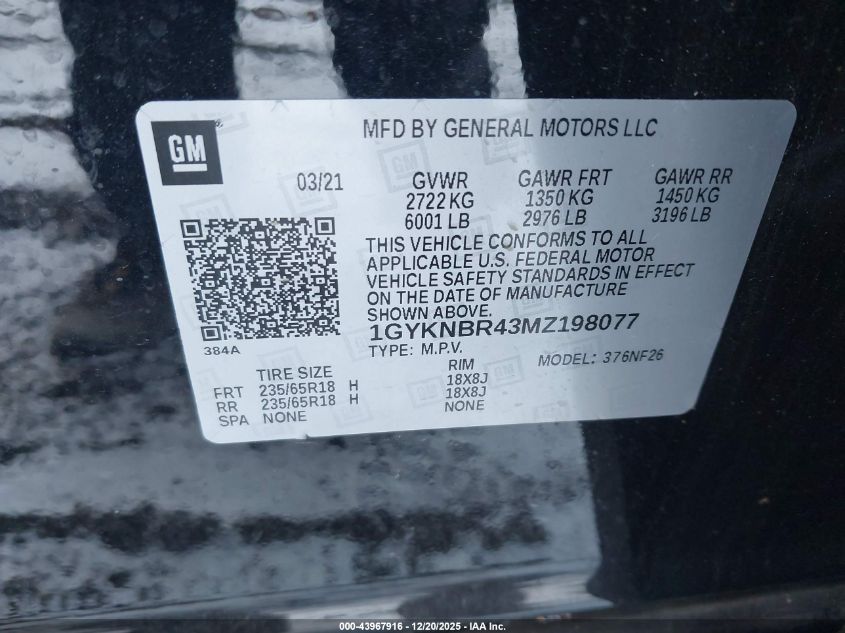 2021 Cadillac Xt5 Awd Luxury VIN: 1GYKNBR43MZ198077 Lot: 43967916