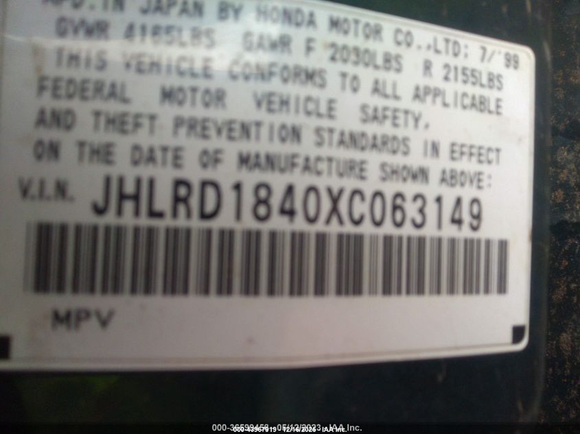 1999 Honda Cr-V Lx VIN: JHLRD1840XC063149 Lot: 43967919