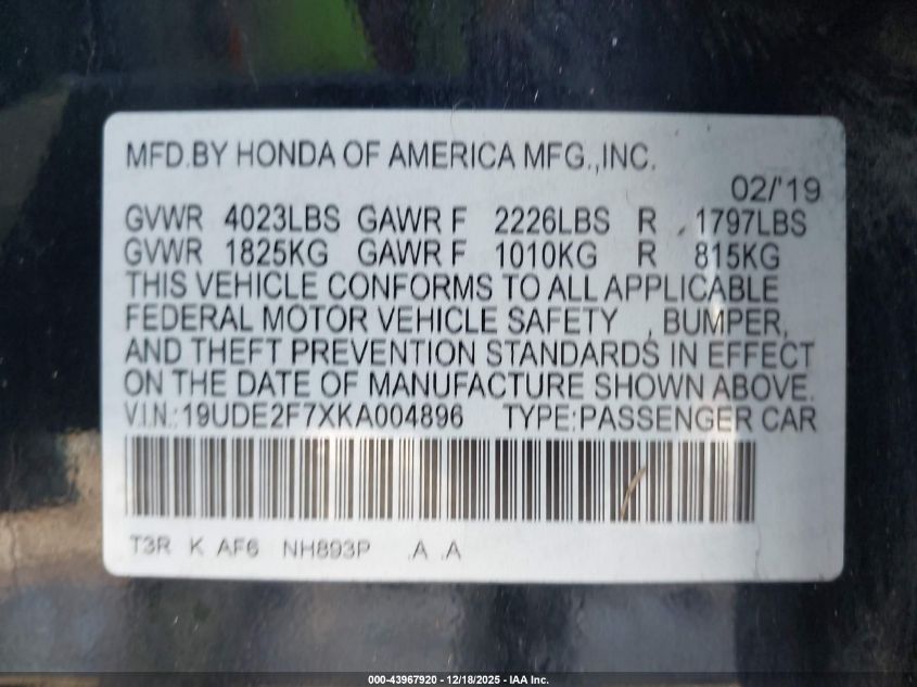 2019 Acura Ilx Premium Package/Technology Package VIN: 19UDE2F7XKA004896 Lot: 43967920