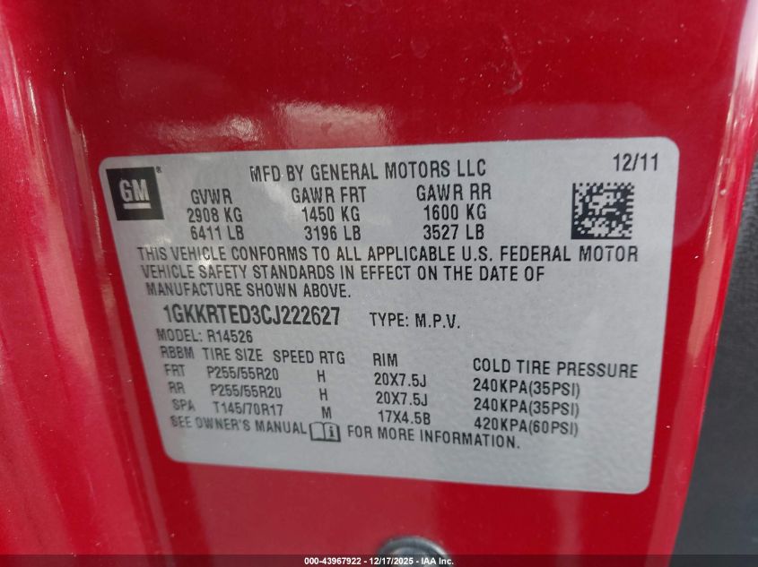 2012 GMC Acadia Denali VIN: 1GKKRTED3CJ222627 Lot: 43967922