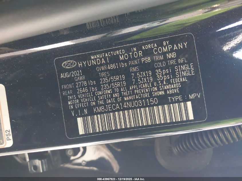 2022 Hyundai Tucson Hybrid Limited VIN: KM8JECA14NU031150 Lot: 43967923