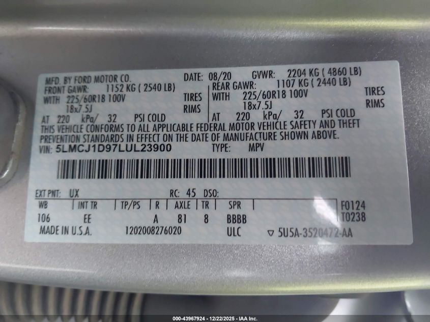 2020 Lincoln Corsair Standard VIN: 5LMCJ1D97LUL23900 Lot: 43967924