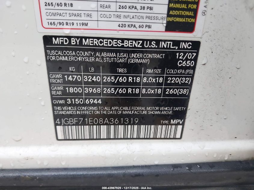 2008 Mercedes-Benz Gl 450 4Matic VIN: 4JGBF71E08A361319 Lot: 43967929