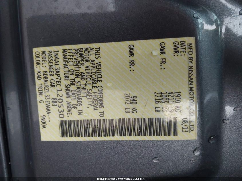 2014 Nissan Altima 2.5 S VIN: 1N4AL3AP7EC120530 Lot: 43967931