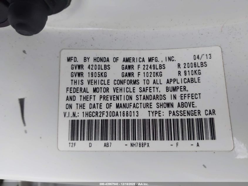 2013 Honda Accord Lx VIN: 1HGCR2F30DA168013 Lot: 43967940