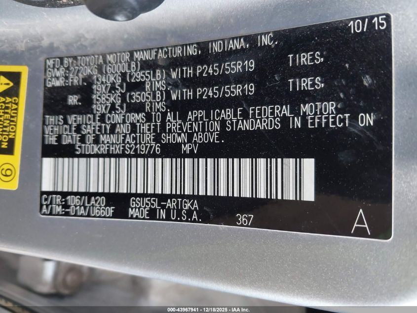 2015 Toyota Highlander Limited V6 VIN: 5TDDKRFHXFS219776 Lot: 43967941