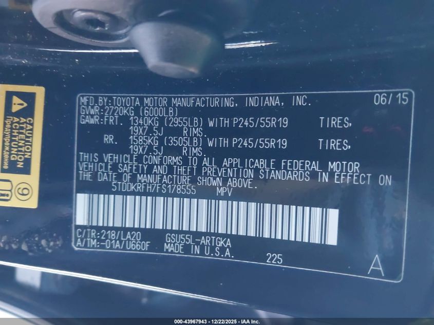 2015 Toyota Highlander Limited V6 VIN: 5TDDKRFH7FS178555 Lot: 43967943