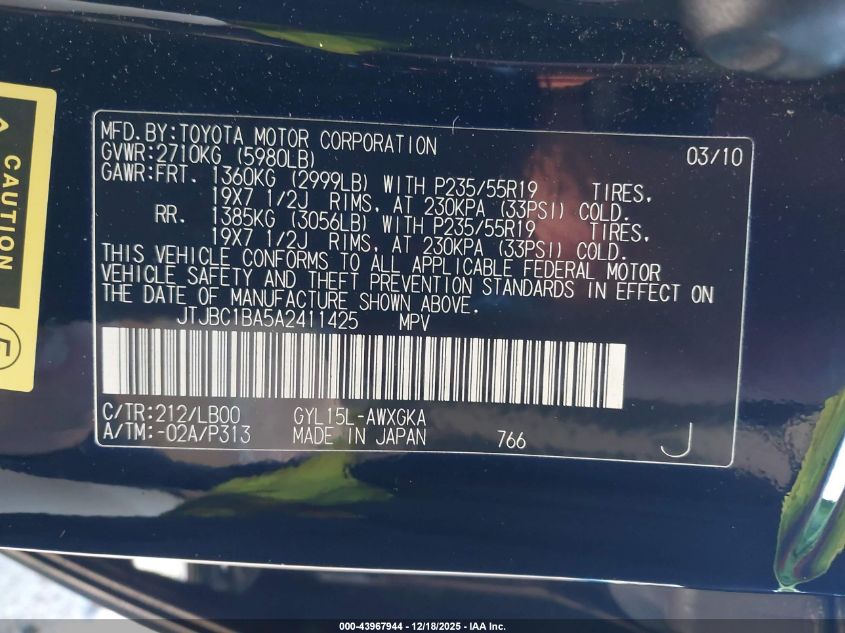 2010 Lexus Rx 450H VIN: JTJBC1BA5A2411425 Lot: 43967944