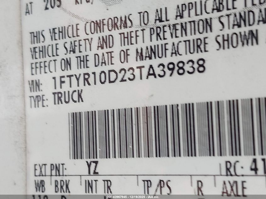 2003 Ford Ranger Xl/Xlt VIN: 1FTYR10D23TA39838 Lot: 43967945