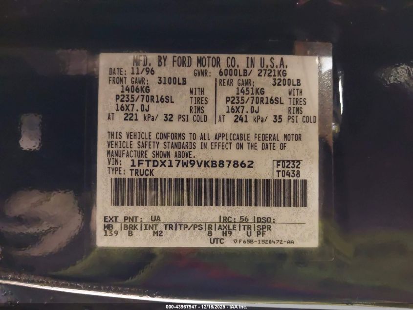 1997 Ford F-150 Lariat/Standard/Xl/Xlt VIN: 1FTDX17W9VKB87862 Lot: 43967947