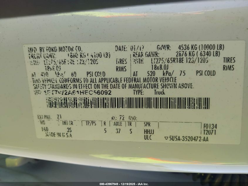 2017 Ford F-250 Xlt VIN: 1FT7W2A61HEC56092 Lot: 43967949