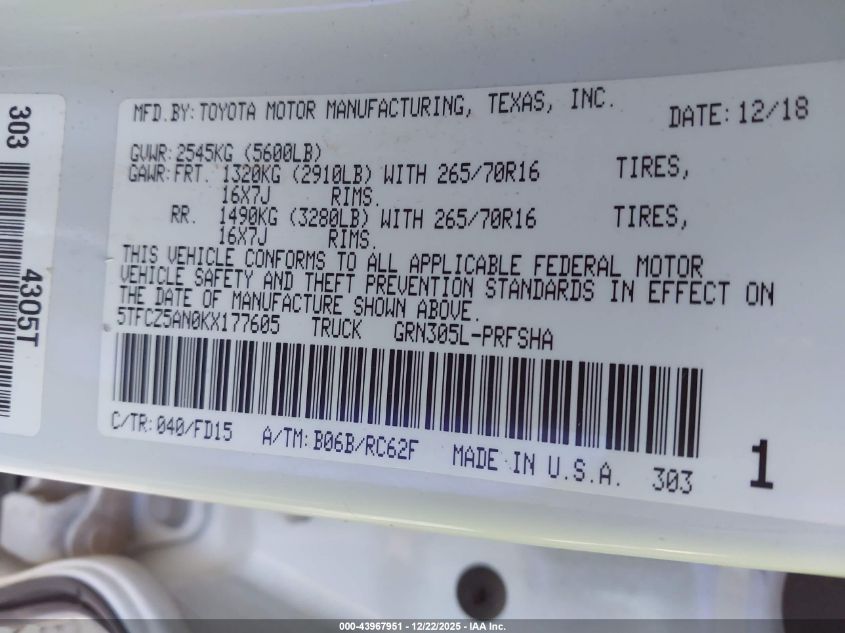 2019 Toyota Tacoma Trd Off Road VIN: 5TFCZ5AN0KX177605 Lot: 43967951