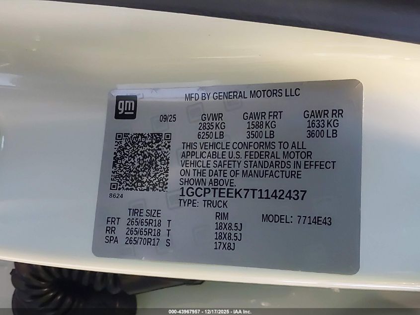 2026 Chevrolet Colorado Trail Boss, 4Wd VIN: 1GCPTEEK7T1142437 Lot: 43967957