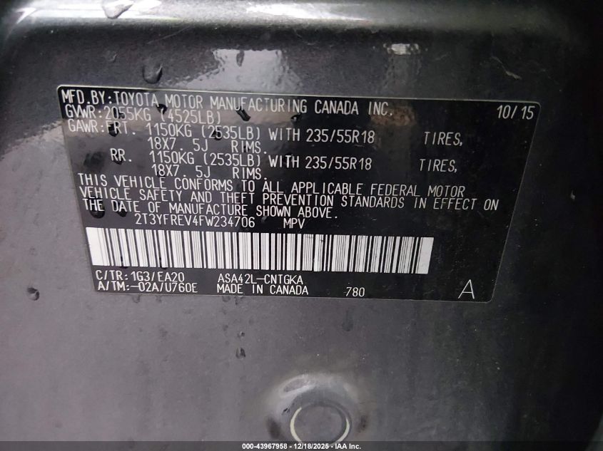 2015 Toyota Rav4 Limited VIN: 2T3YFREV4FW234706 Lot: 43967958