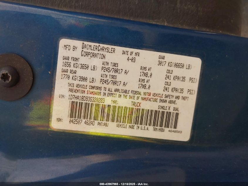 2003 Dodge Ram 1500 Slt/Laramie/St VIN: 1D7HA18D93S320283 Lot: 43967965