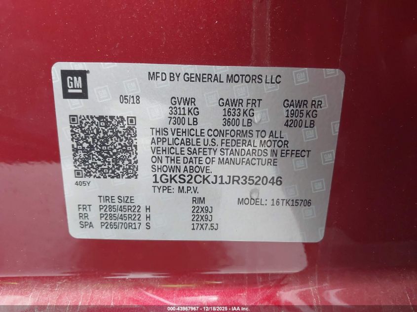 2018 GMC Yukon Denali VIN: 1GKS2CKJ1JR352046 Lot: 43967967