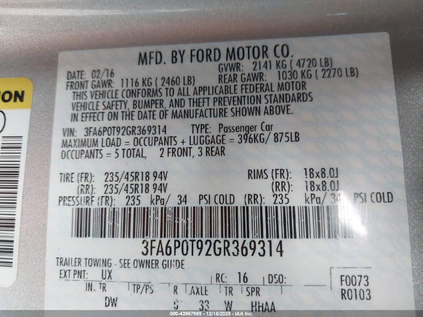 2016 Ford Fusion Se VIN: 3FA6P0T92GR369314 Lot: 43967969