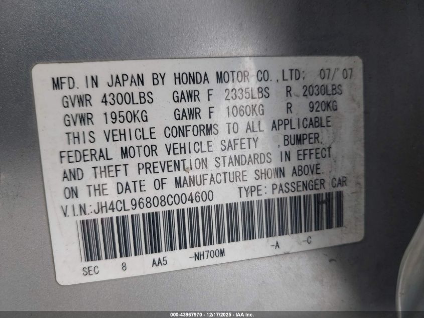 2008 Acura Tsx VIN: JH4CL96808C004600 Lot: 43967970