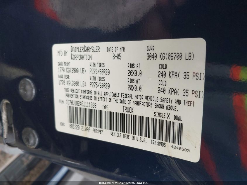 2006 Dodge Ram 1500 Slt/Trx4 Off Road/Sport VIN: 1D7HU18246J111999 Lot: 43967971