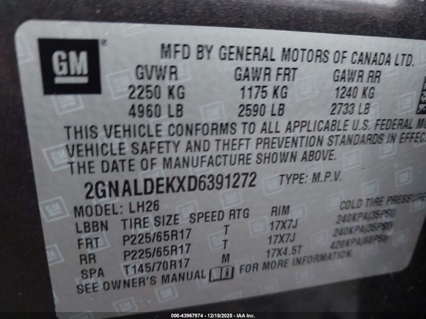 2013 Chevrolet Equinox 1Lt VIN: 2GNALDEKXD6391272 Lot: 43967974