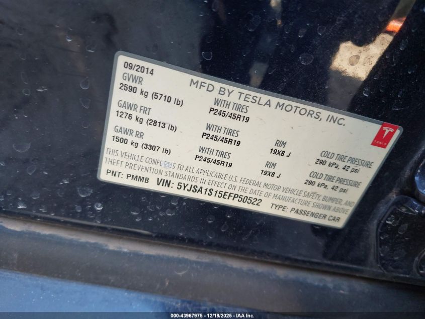 2014 Tesla Model S VIN: 5YJSA1S15EFP50522 Lot: 43967975