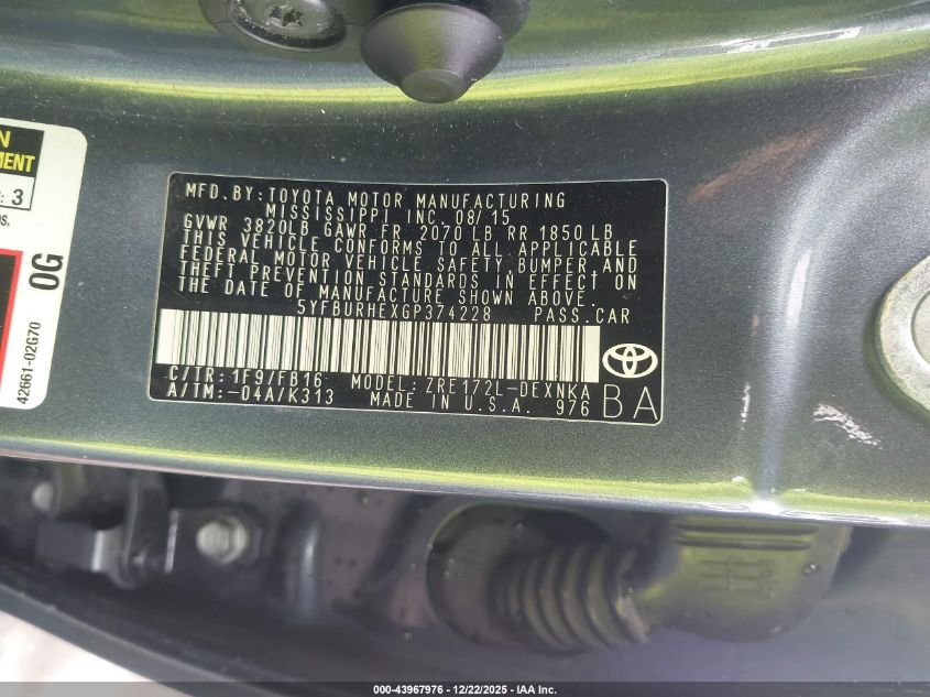 2016 Toyota Corolla Le VIN: 5YFBURHEXGP374228 Lot: 43967976