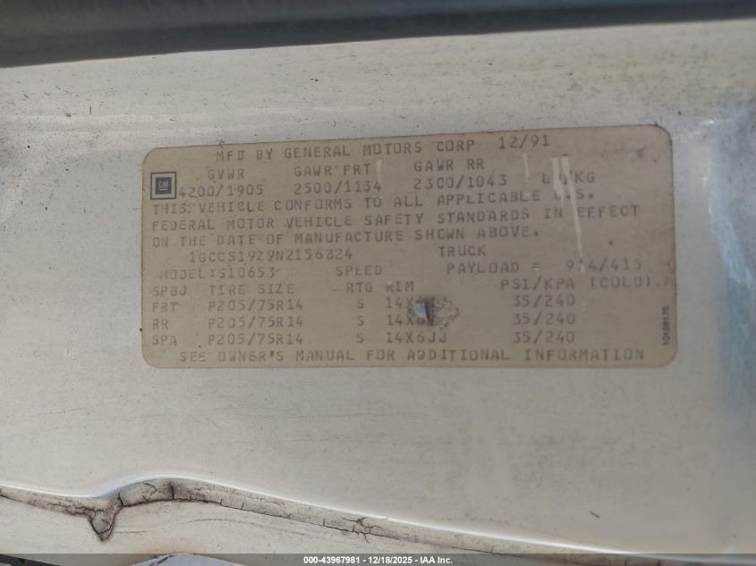 1992 Chevrolet S Truck S10 VIN: 1GCCS19Z9N2156824 Lot: 43967981