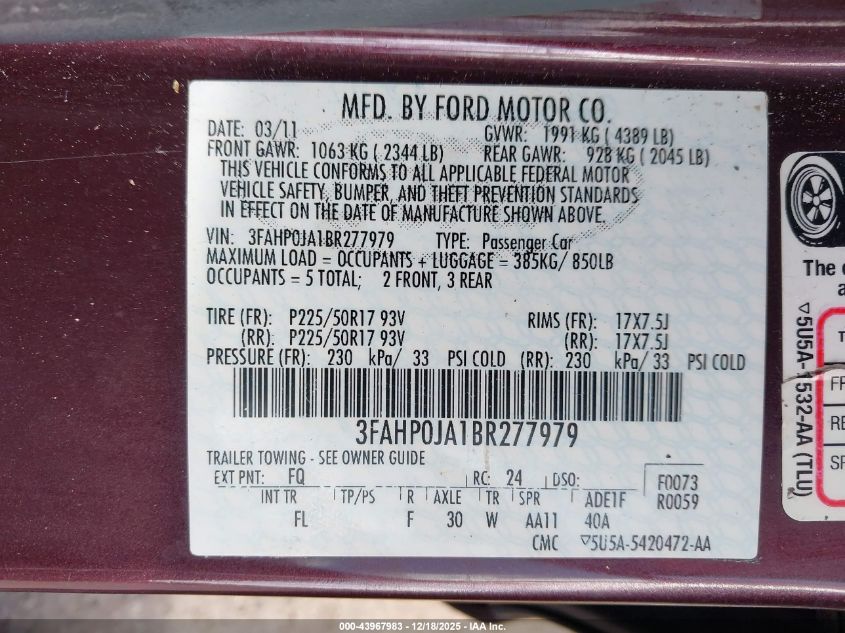 2011 Ford Fusion Sel VIN: 3FAHP0JA1BR277979 Lot: 43967983