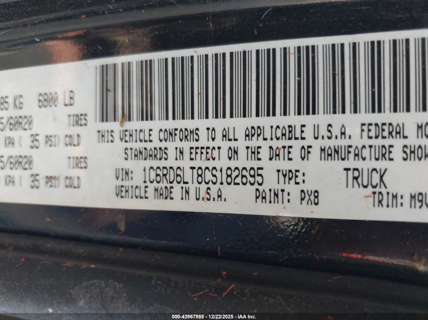 2012 Ram 1500 Slt VIN: 1C6RD6LT8CS182695 Lot: 43967985