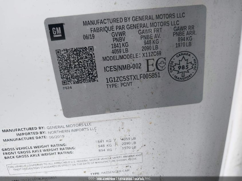 2020 Chevrolet Malibu Fwd 1Fl VIN: 1G1ZC5STXLF005851 Lot: 43967986
