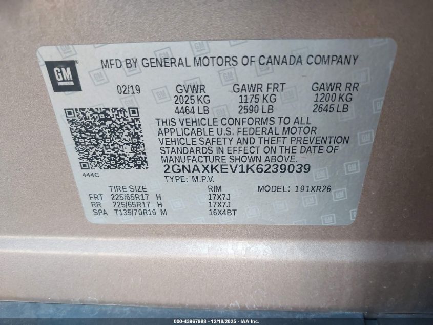 2019 Chevrolet Equinox Lt VIN: 2GNAXKEV1K6239039 Lot: 43967988