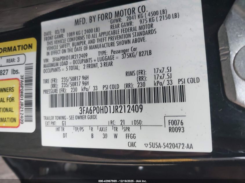 2018 Ford Fusion Se VIN: 3FA6P0HD1JR212409 Lot: 43967989