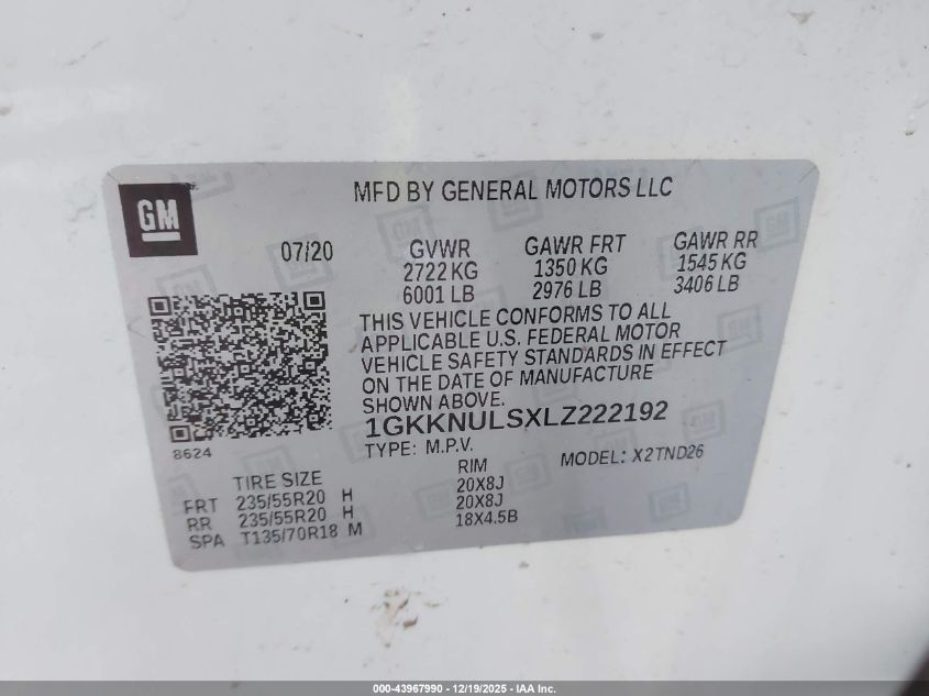 2020 GMC Acadia Awd Slt VIN: 1GKKNULSXLZ222192 Lot: 43967990