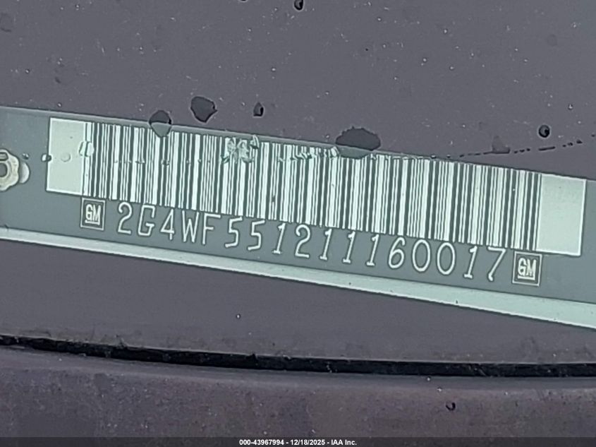 2001 Buick Regal Gs VIN: 2G4WF551211160017 Lot: 43967994