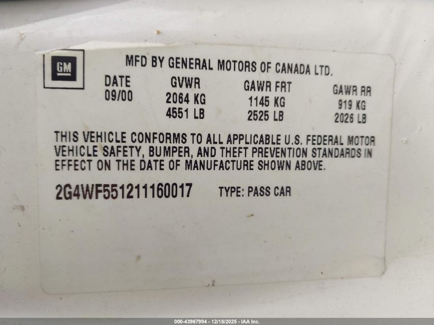 2001 Buick Regal Gs VIN: 2G4WF551211160017 Lot: 43967994