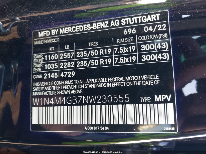 2022 Mercedes-Benz Glb 250 VIN: W1N4M4GB7NW230555 Lot: 43967995