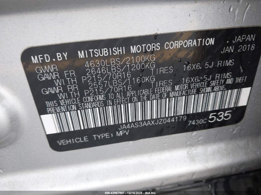 2018 Mitsubishi Eclipse Cross Es VIN: JA4AS3AAXJZ044179 Lot: 43967997