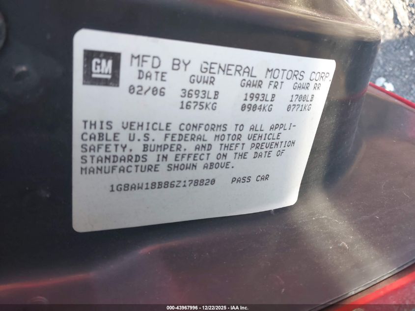 2006 Saturn Ion 3 VIN: 1G8AW18B86Z178820 Lot: 43967996