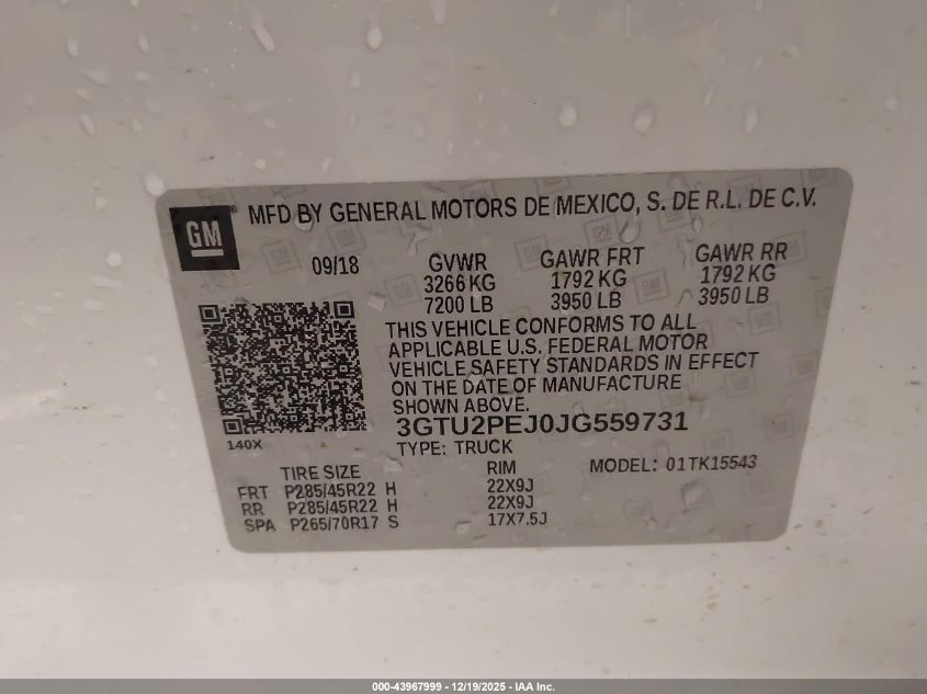 2018 GMC Sierra 1500 Denali VIN: 3GTU2PEJ0JG559731 Lot: 43967999