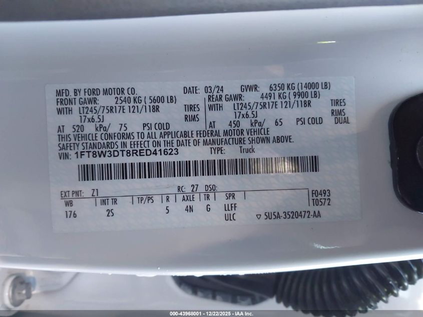2024 Ford F-350 Xlt VIN: 1FT8W3DT8RED41623 Lot: 43968001