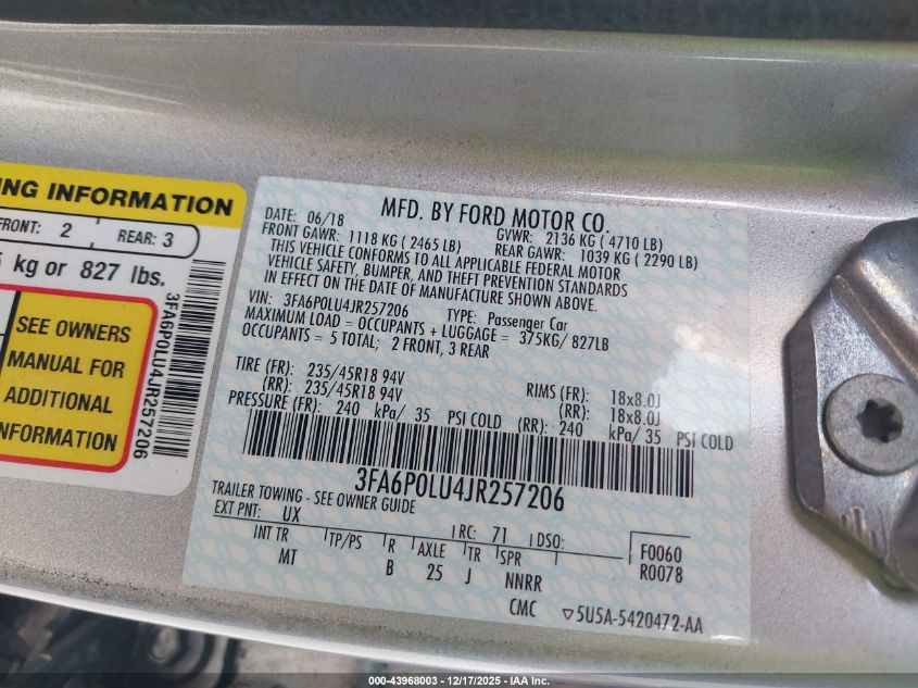 2018 Ford Fusion Hybrid Se VIN: 3FA6P0LU4JR257206 Lot: 43968003