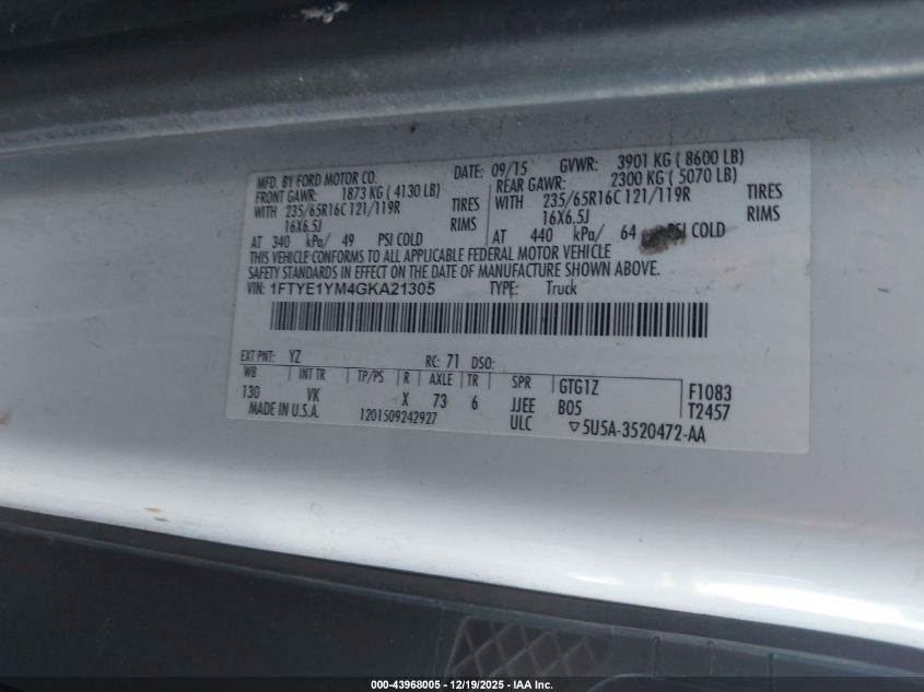 2016 Ford Transit-150 VIN: 1FTYE1YM4GKA21305 Lot: 43968005