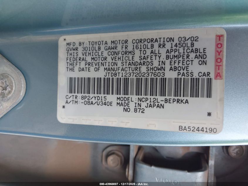 2002 Toyota Echo VIN: JTDBT123720237603 Lot: 43968007