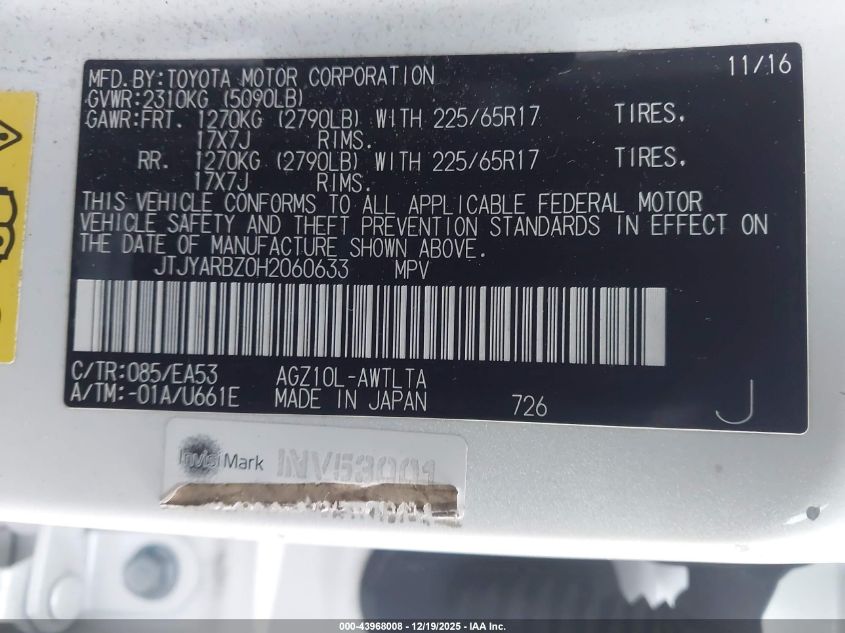 2017 Lexus Nx 200T VIN: JTJYARBZ0H2060633 Lot: 43968008