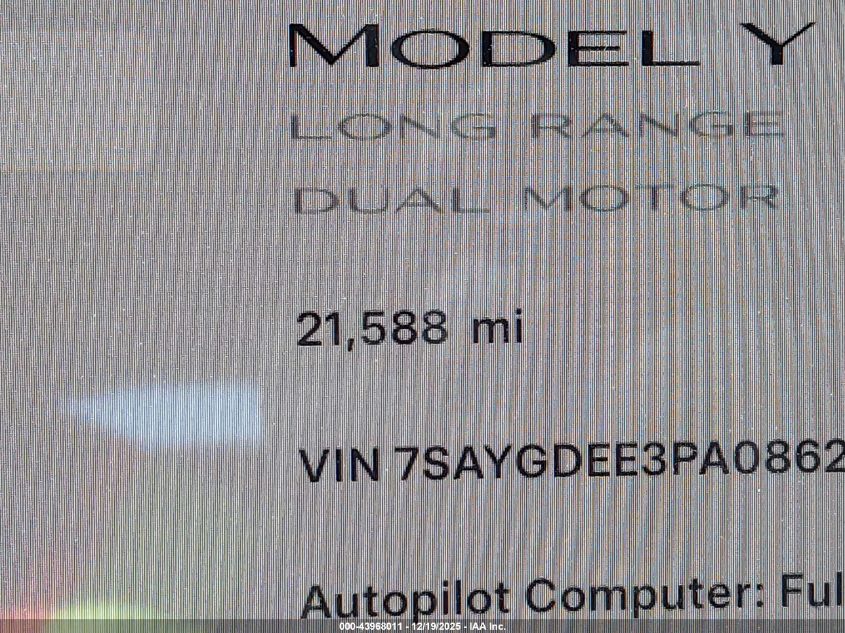2023 Tesla Model Y Awd/Long Range Dual Motor All-Wheel Drive VIN: 7SAYGDEE3PA086295 Lot: 43968011