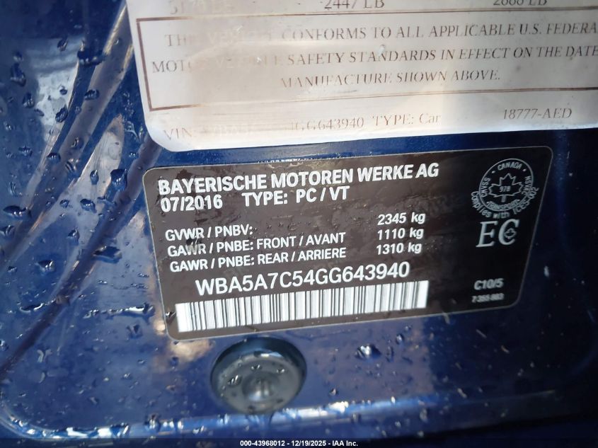 2016 BMW 528I xDrive VIN: WBA5A7C54GG643940 Lot: 43968012
