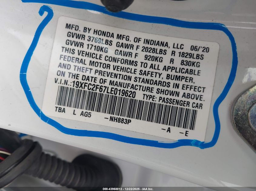 2020 Honda Civic Lx VIN: 19XFC2F67LE019620 Lot: 43968013