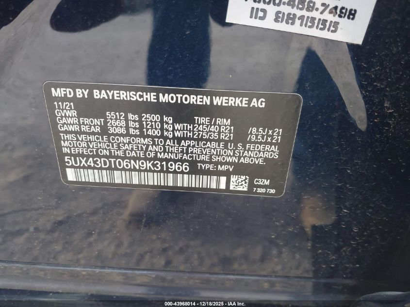 2022 BMW X4 M40I VIN: 5UX43DT06N9K31966 Lot: 43968014