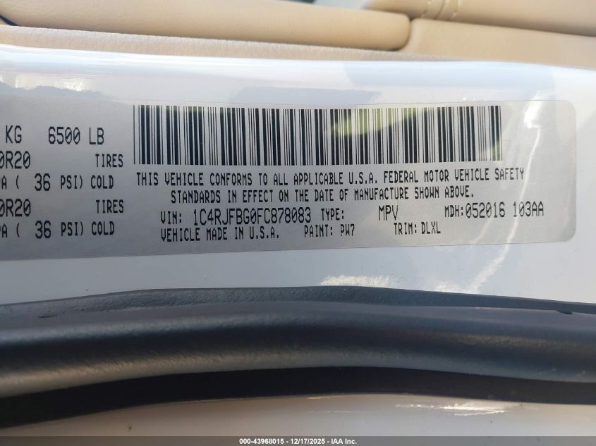 2015 Jeep Grand Cherokee Limited VIN: 1C4RJFBG0FC878083 Lot: 43968015